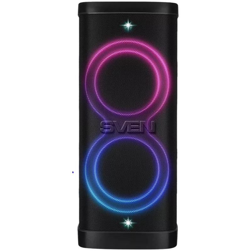 Głośnik Party Box SVEN PS-1250, Czarny (300W, TWS, IPx4, Bluetooth, FM, USB, microSD, Wyświetlacz LED, 13500mAh)