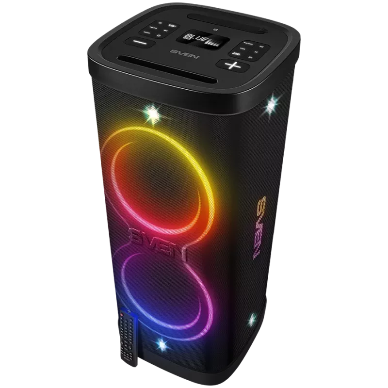 Głośnik Party Box SVEN PS-1250, Czarny (300W, TWS, IPx4, Bluetooth, FM, USB, microSD, Wyświetlacz LED, 13500mAh)