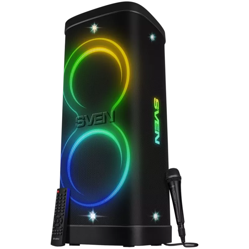 Głośnik Party Box SVEN PS-1250, Czarny (300W, TWS, IPx4, Bluetooth, FM, USB, microSD, Wyświetlacz LED, 13500mAh)