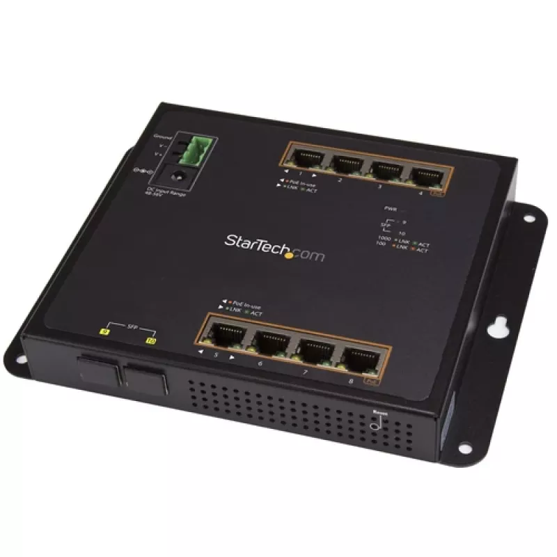 StarTech.com 8 Port PoE+ Gigabit Ethernet Managed Industrial Switch z 2 Portami SFP - Montaż na Ścianie z Dostępem od Przodu