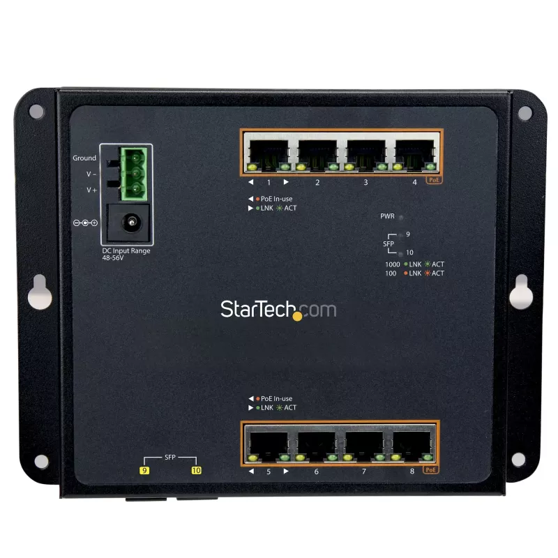 StarTech.com 8 Port PoE+ Gigabit Ethernet Managed Industrial Switch z 2 Portami SFP - Montaż na Ścianie z Dostępem od Przodu