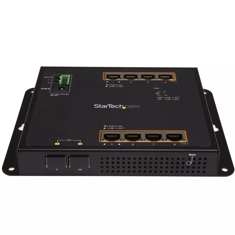 StarTech.com 8 Port PoE+ Gigabit Ethernet Managed Industrial Switch z 2 Portami SFP - Montaż na Ścianie z Dostępem od Przodu