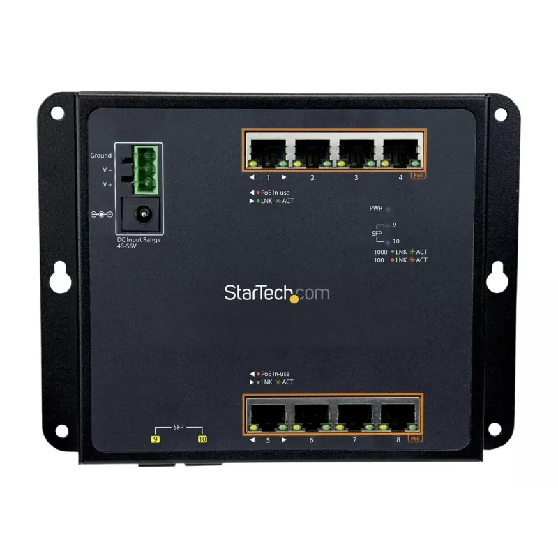 StarTech.com 8 Port PoE+ Gigabit Ethernet Managed Industrial Switch z 2 Portami SFP - Montaż na Ścianie z Dostępem od Przodu