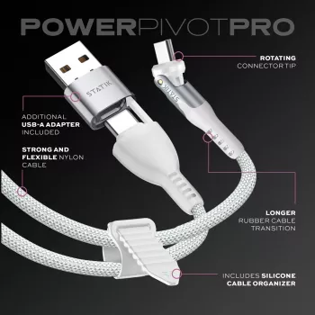 STATIK PowerPivot Pro Nylon Braided Cable, USB-C do USB-C, 1m, Biały