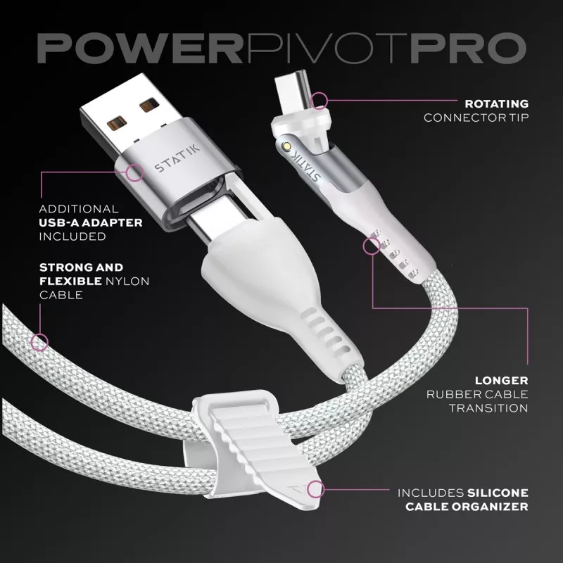 STATIK PowerPivot Pro Nylon Braided Cable, USB-C do USB-C, 1m, Biały
