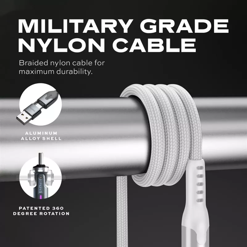 STATIK PowerPivot Pro Nylon Braided Cable, USB-C do USB-C, 1m, Biały