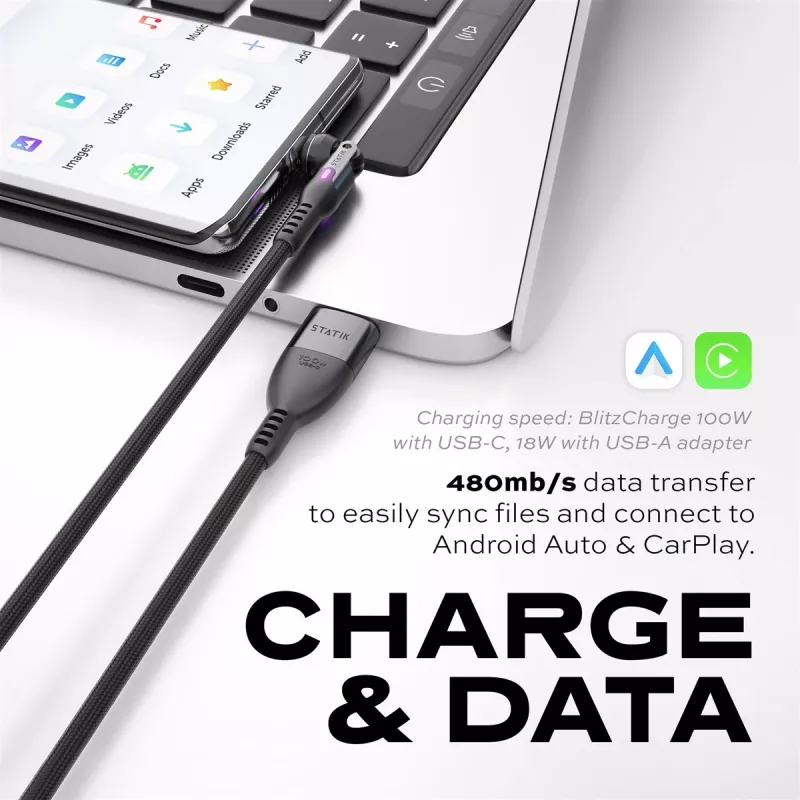 STATIK PowerPivot Pro Nylon Braided Cable, USB-C do USB-C, 2m, Czarny