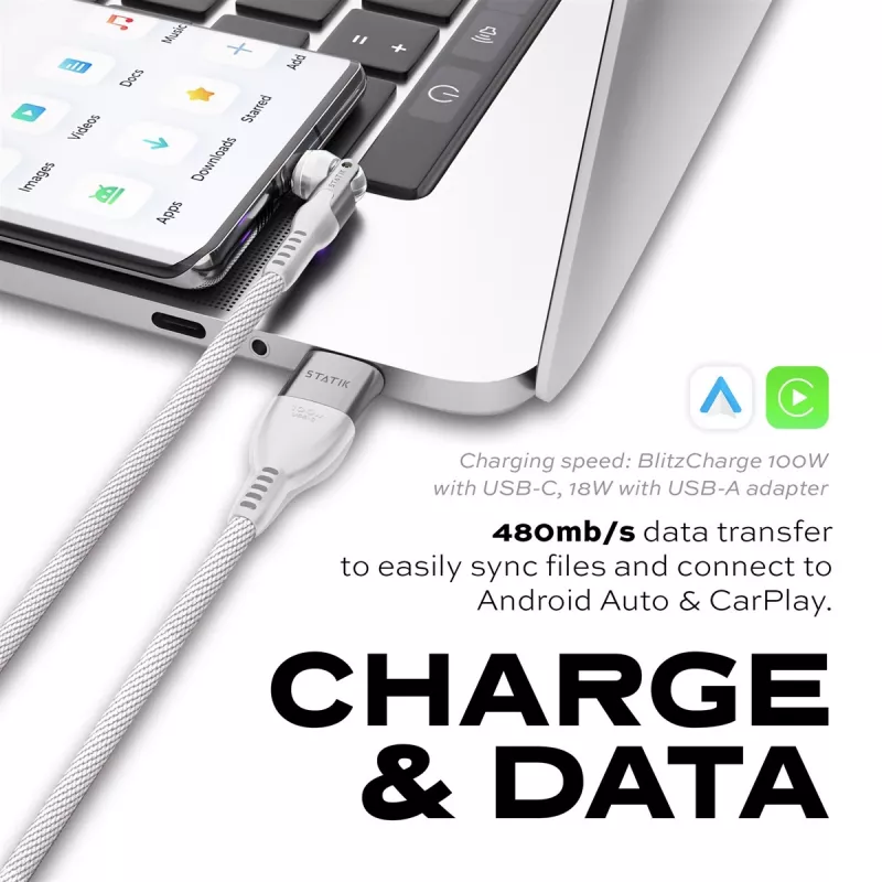 STATIK PowerPivot Pro Nylon Braided Cable, USB-C do USB-C, 3m, Biały
