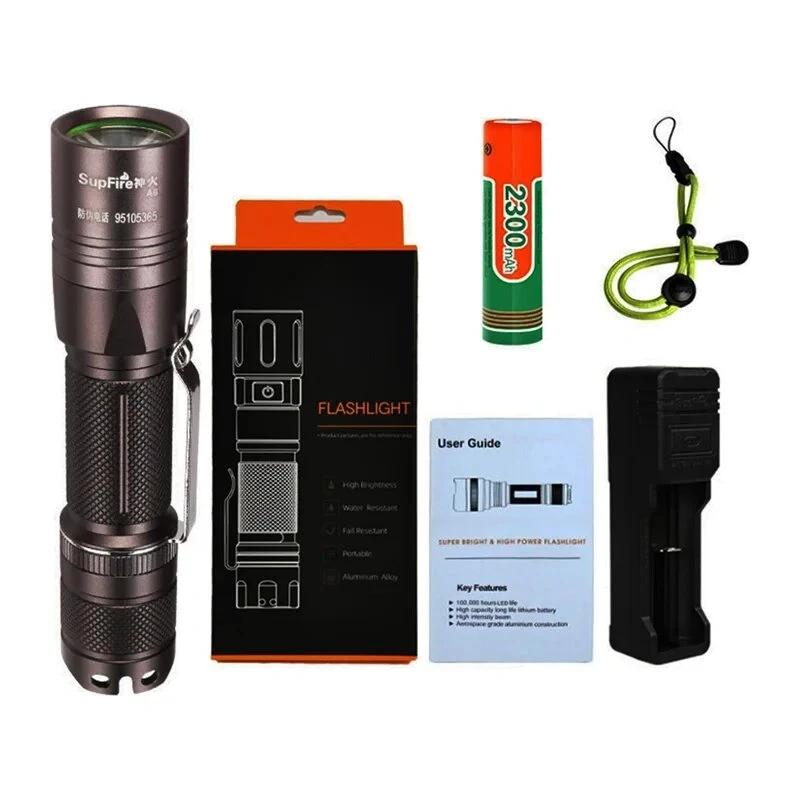 Latarka SUPERFIRE A6 - 1200 lumenów, dioda P50 LED, zasięg 280 m, ładowanie USB, regulacja ogniskowej, IP44