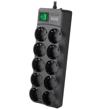 SVEN SF-10E-16 Listwa zasilająca z ochroną przeciwprzepięciową, 10 gniazd, 16A, 3.6kW, 1.8m, czarny