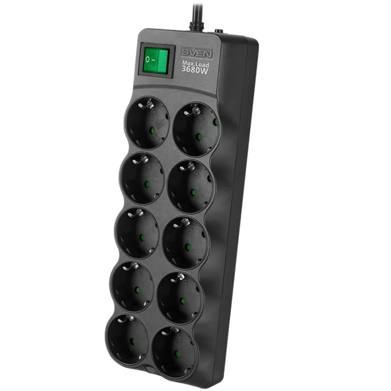 SVEN SF-10E-16 Listwa zasilająca z ochroną przeciwprzepięciową, 10 gniazd, 16A, 3.6kW, 1.8m, czarny