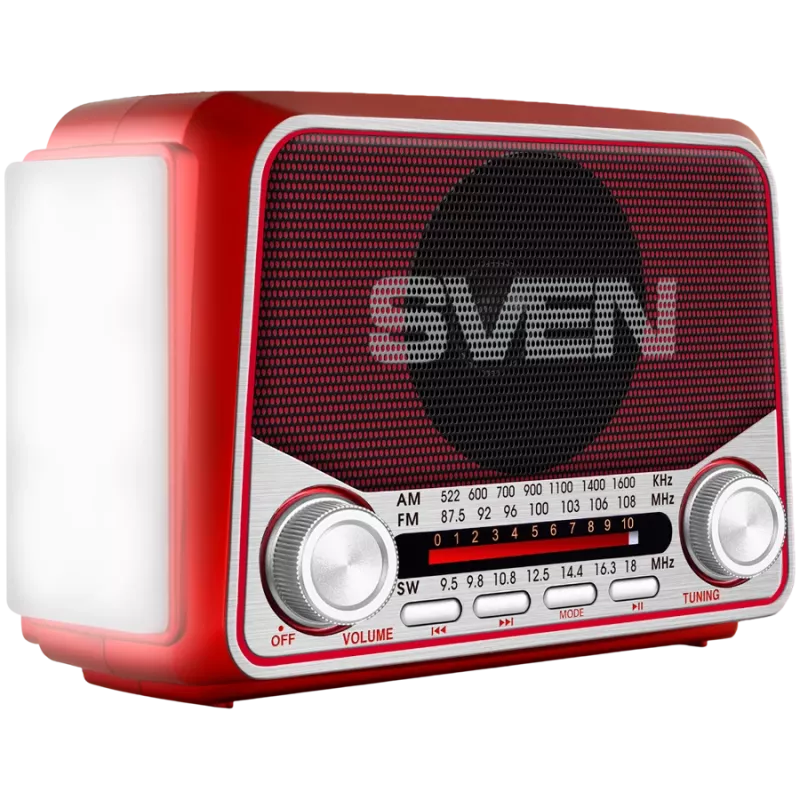 SVEN SRP-150 Przenośny głośnik, czerwony (3W, Bluetooth, FM/AM/SW, USB, microSD, latarka, bateria)