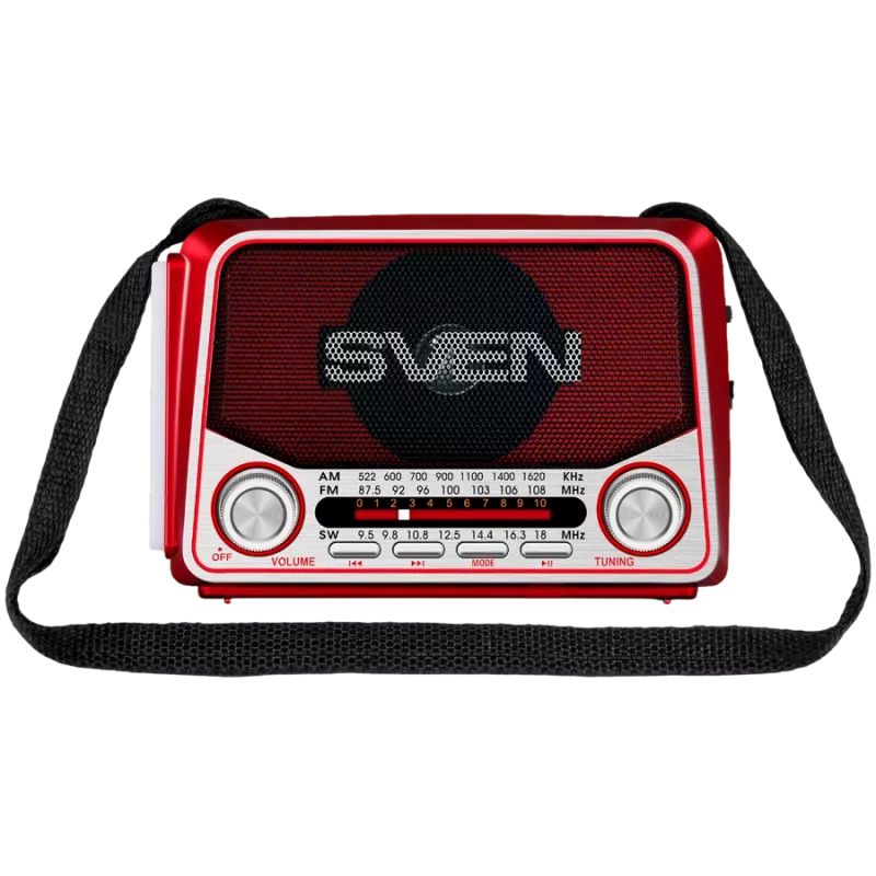 SVEN SRP-150 Przenośny głośnik, czerwony (3W, Bluetooth, FM/AM/SW, USB, microSD, latarka, bateria)