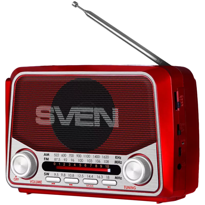 SVEN SRP-150 Przenośny głośnik, czerwony (3W, Bluetooth, FM/AM/SW, USB, microSD, latarka, bateria)