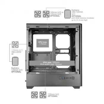 TACENS MARS MC-QUANTUM Mid-Tower ATX Case z 3x120mm FDB Wentylatorami + 1x120mm ARGB Wentylator, USB-C, Szkło Hartowane, Czarny