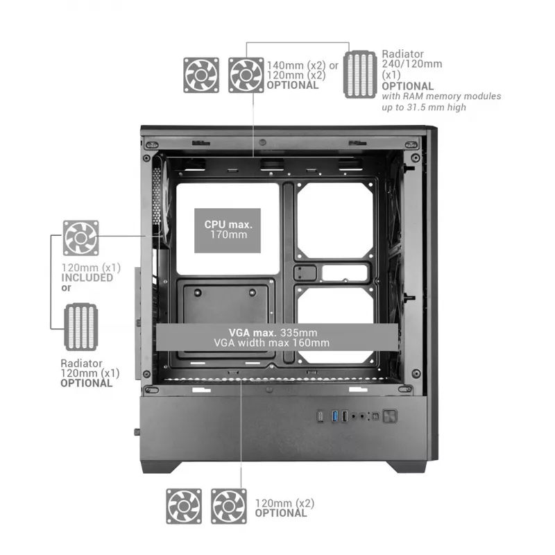 TACENS MARS MC-QUANTUM Mid-Tower ATX Case z 3x120mm FDB Wentylatorami + 1x120mm ARGB Wentylator, USB-C, Szkło Hartowane, Czarny