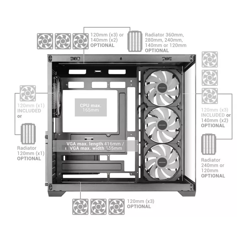 TACENS MARS MC-V5 4xARGB USB-C ATX Mid-Tower Case z hartowanym szkłem