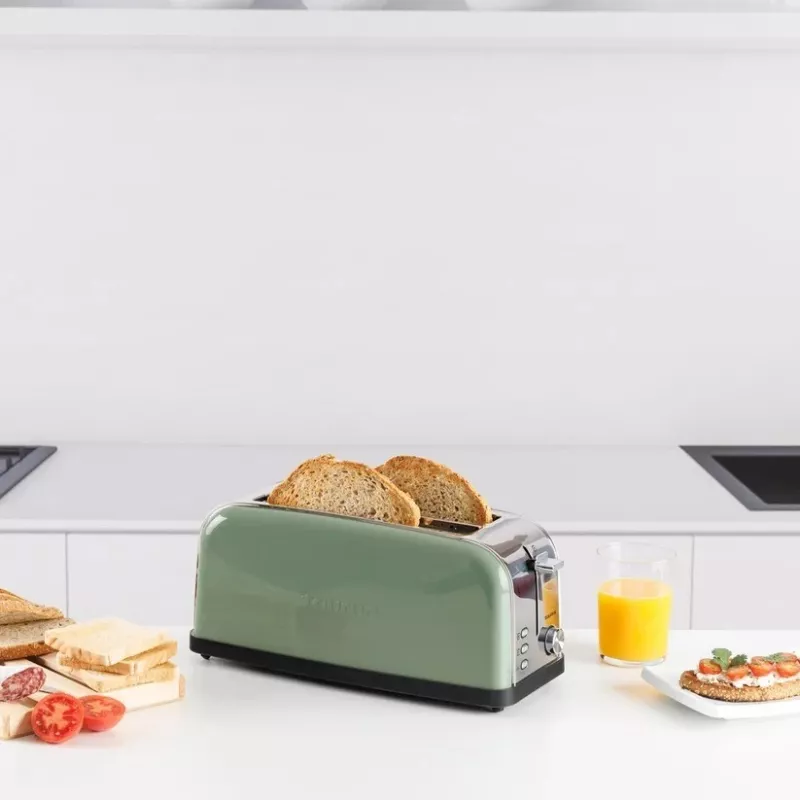 Toster Taurus Vintage w kolorze oliwkowym, 1500 W, 2 długie szczeliny, 7 poziomów opiekania, rozmrażanie, podgrzewanie, stal nierdzewna
