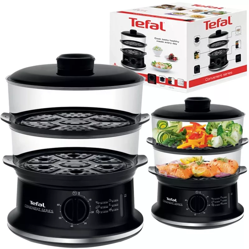 Tefal VC140135 Wyparzacz do gotowania na parze, 2 koszyki, 6,5 L, 900 W, czarny