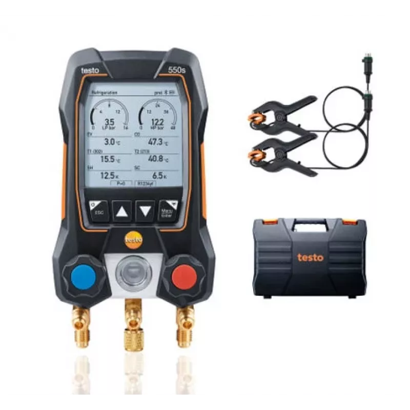 testo 550s Cyfrowy zestaw manometrów z Bluetooth i 2 bezprzewodowymi czujnikami temperatury zaciskowymi (0564 5501)