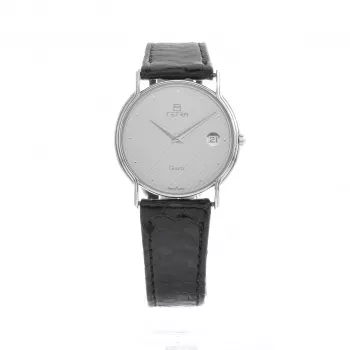 Zegarek damski TETRA T-008 30mm srebrna tarcza czarny pasek skórzany kwarcowy