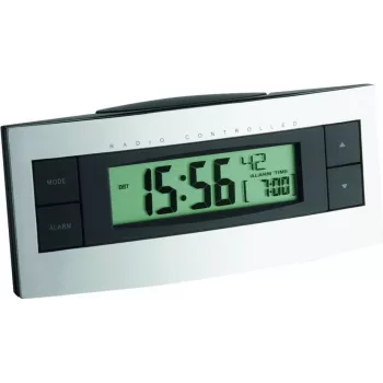 TFA 60.2511 Zegar sterowany radiowo - Czarny/Srebrny - Wyświetlacz LCD - Temperatura wewnętrzna - Drzemka - Niebieskie podświetlenie - 2x AAA