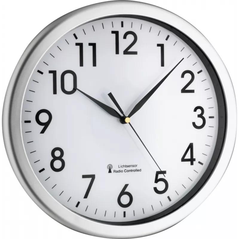 TFA Dostmann 60.3519.02 Corona Zegar ścienny sterowany radiowo, srebrna rama aluminiowa, biała tarcza, 300 mm 60.010363