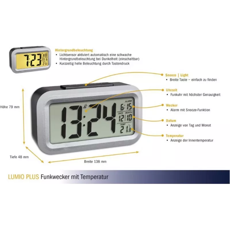 TFA Dostmann Lumio Plus Radio Alarm Clock Black/Silver