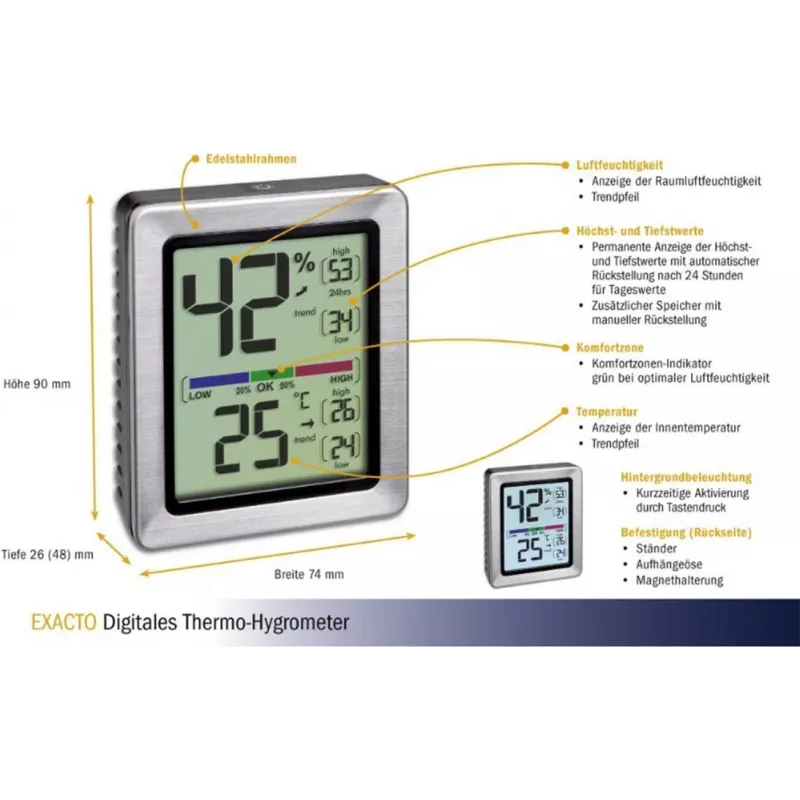 TFA EXACTO Cyfrowy Termo-Higrometr Srebrny (30.5047.54)