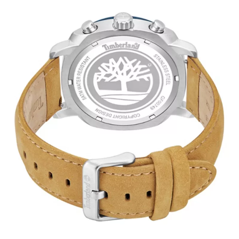 TIMBERLAND Męski zegarek analogowy kwarcowy TDWGF0074901 - niebieska tarcza, brązowy pasek skórzany, 46mm