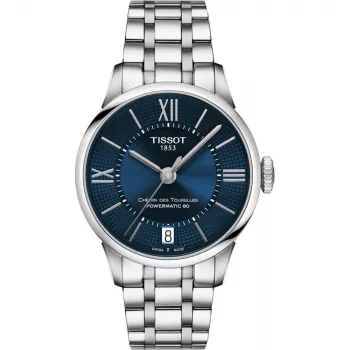 TISSOT T-Classic Chemin des Tourelles Automatyczny Zegarek Damski 32mm Niebieska Tarcza z Masy Perłowej Indeksy Diamentowe Bransoleta ze Stali Nierdzewnej