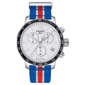 TISSOT T-Sport Quickster Męski Zegarek Chronograf 42mm Srebrna Tarcza Niebiesko-Czerwony Pasek Nylonowy T09541717371