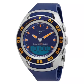 Zegarek męski TISSOT T-Touch II T056420270410 - 45mm koperta tytanowa, niebieski pasek gumowy, szwajcarski kwarcowy chronograf z wysokościomierzem, barometrem, kompasem, termometrem