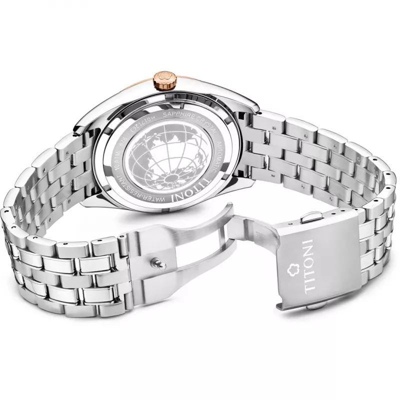 TITONI Airmaster Męski Szwajcarski Zegarek Automatyczny 878SRG-657 41mm Różowe Złoto PVD Stal Szlachetna Brązowa Skóra