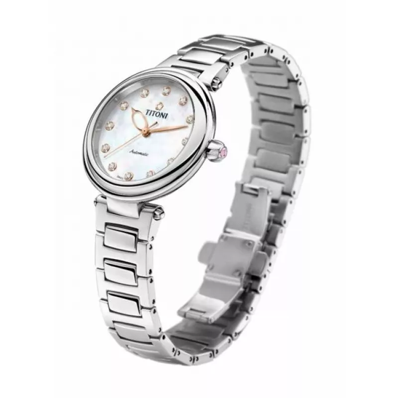 TITONI Zegarek Damski Automatyczny 23978SRG-622 33,5mm Różowe Złocenie PVD Stal Szlachetna Biała Perłowa Tarcza Diamentowe Indeksy