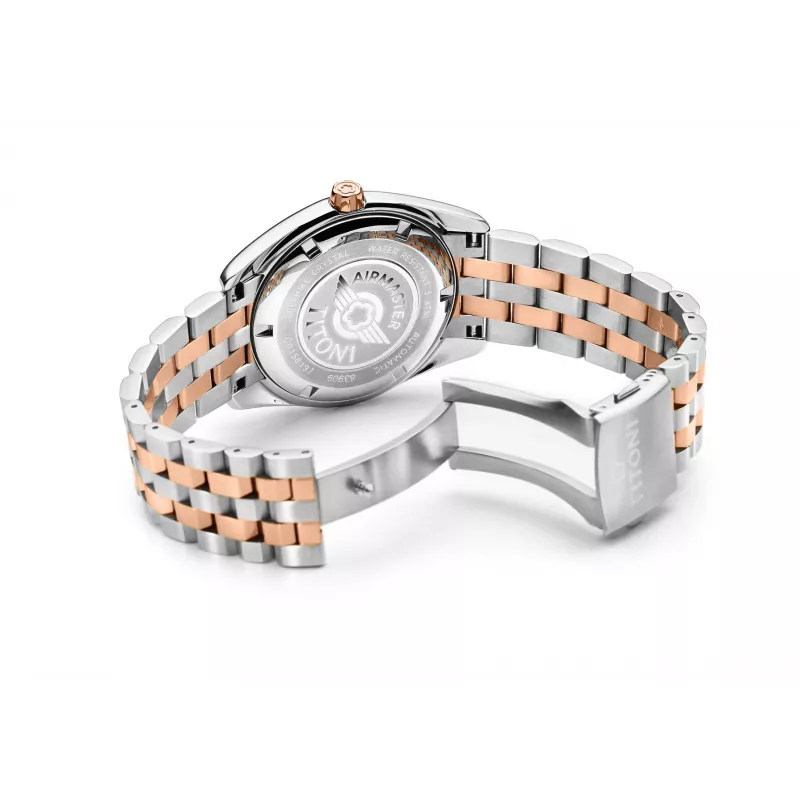 Zegarek automatyczny TITONI męski 83909SRG-063 38,5mm Różowe złoto PVD Stal nierdzewna Srebrna tarcza Brązowy pasek skórzany
