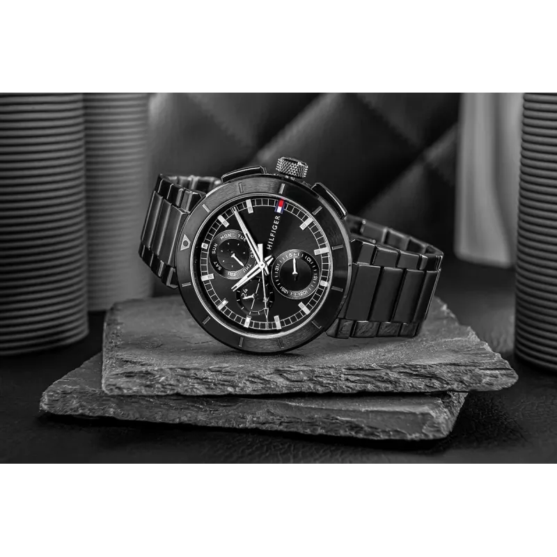 Zegarek Tommy Hilfiger Decker męski kwarcowy 44mm stal nierdzewna niebieska tarcza brązowa skóra