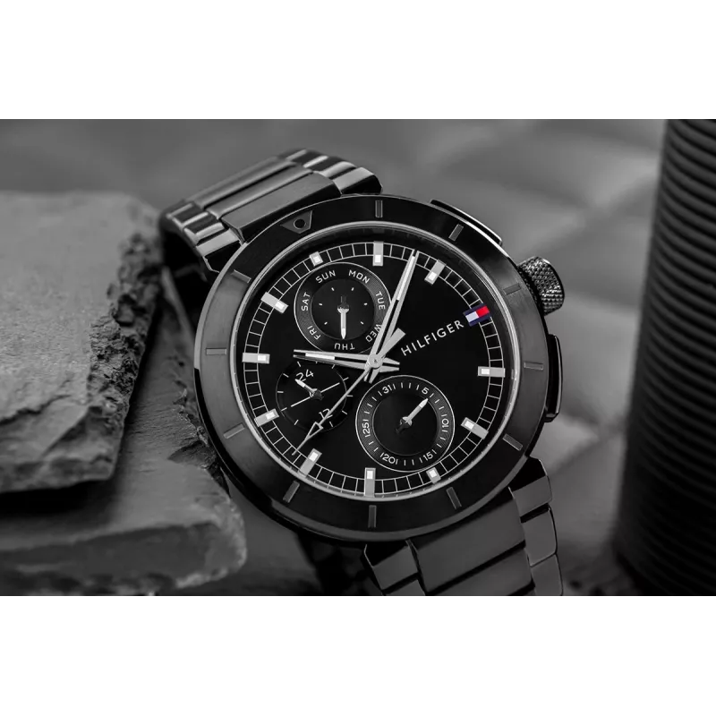 Zegarek Tommy Hilfiger Decker męski kwarcowy 44mm stal nierdzewna niebieska tarcza brązowa skóra