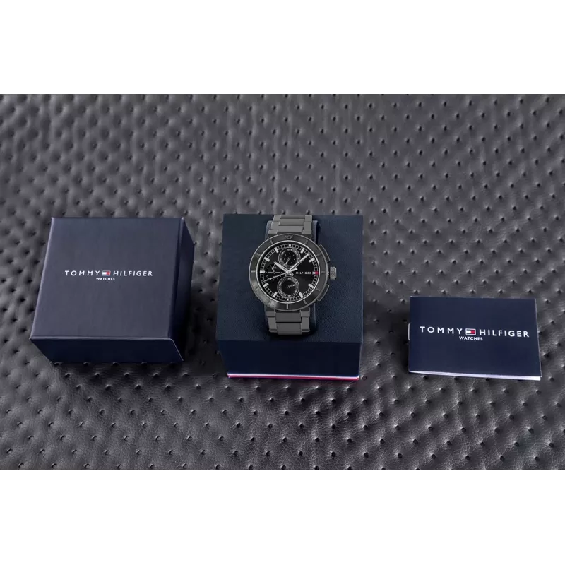 Zegarek Tommy Hilfiger Decker męski kwarcowy 44mm stal nierdzewna niebieska tarcza brązowa skóra