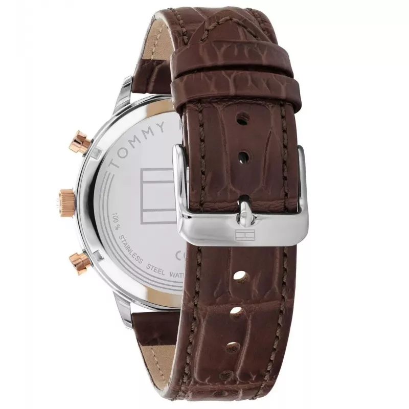 Zegarek męski Tommy Hilfiger 1791987 44mm Koperta ze stali nierdzewnej Brązowy pasek skórzany Niebieska tarcza