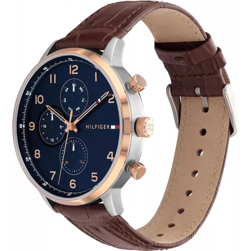 Zegarek męski Tommy Hilfiger 1791987 44mm Koperta ze stali nierdzewnej Brązowy pasek skórzany Niebieska tarcza