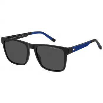 TOMMY HILFIGER TH-2144-S-D51 Męskie okulary przeciwsłoneczne prostokątne - czarna oprawka acetatowa, szare soczewki poliwęglanowe 55/19/145 mm