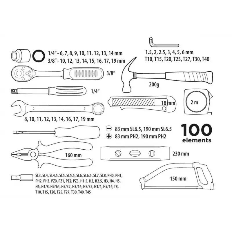Top Tools 100-Częściowy Zestaw Nasadek i Narzędzi z Napędem 1/4 cala i 3/8 cala, Stal Chromowo-Wanadowa, Grzechotka 72-Zębna, Walizka Formowana