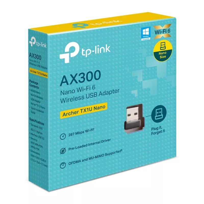 TP-Link Archer TX1U Nano AX300 Wi-Fi 6 USB Adapter z wewnętrznymi antenami, USB 2.0