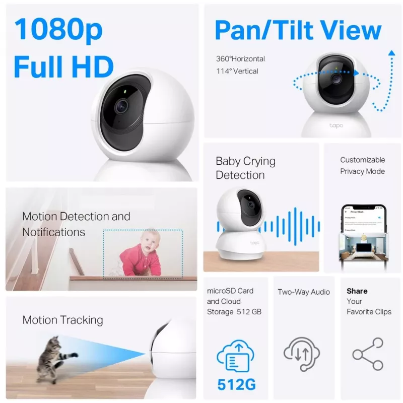 TP-Link Tapo C200C kamera Wi-Fi do monitoringu z obrotem i pochyleniem - 1080p Full HD, zakres poziomy 360°, dwukierunkowe audio, noktowizja do 9m, MicroSD do 256GB, biała