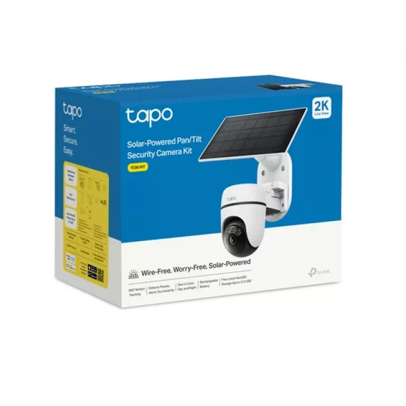 TP-Link Tapo TC90 KIT Zestaw Solarnej Kamery Obrót/Pochylenie, 2K QHD, Zewnętrzna, Bateria i Solar, IP65, Kolorowe Noktowizja, Bezprzewodowa, 1 Kamera