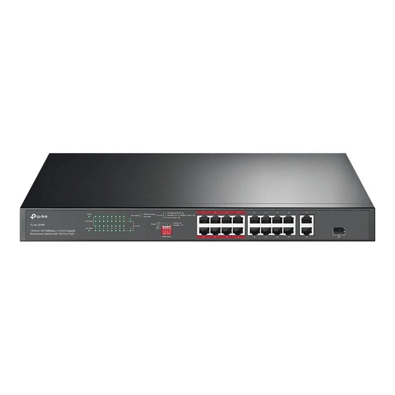 TP-Link TL-SL1218P 18-portowy przełącznik Fast Ethernet PoE+ z 2 portami Gigabit i 1 SFP