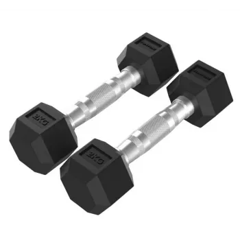 Tunturi Platinum Hex Rubber Dumbbell 2kg Para - Sześciokątne hantle gumowane, chromowany uchwyt z rowkowaniem