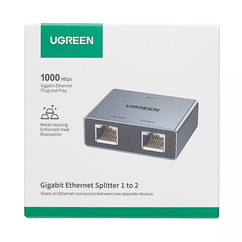 UGREEN Rozdzielacz Ethernet 1-na-2 Gigabit, 1000Mbps Adapter Sieci LAN, RJ45 Męski na 2 Żeńskie, Pasywny, Czarny