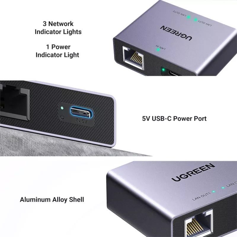 UGREEN Rozdzielacz Ethernet 1-na-2 Gigabit, 1000Mbps Adapter Sieci LAN, RJ45 Męski na 2 Żeńskie, Pasywny, Czarny